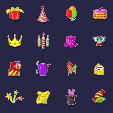 Doğum günü simgeleri, mor arkaplanda gölgesi olan çıkartma toplama vektörünü ayarlar