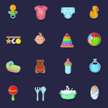 Bebek simgeleri, mor arkaplanda gölgesi olan çıkartma toplama vektörü belirledi