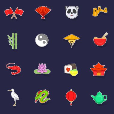 Çin simgeleri, mor arkaplanda gölgesi olan çıkartma toplama vektörü belirledi