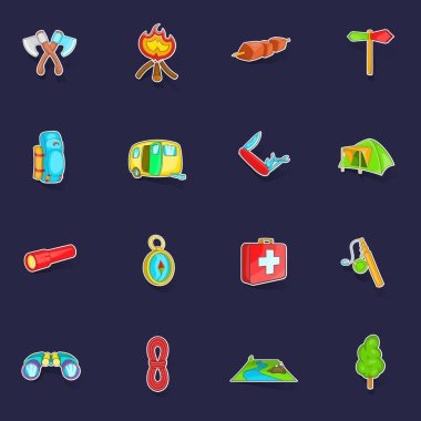 Kamp simgeleri, mor arkaplanda gölgesi olan çıkartma toplama vektörü belirledi