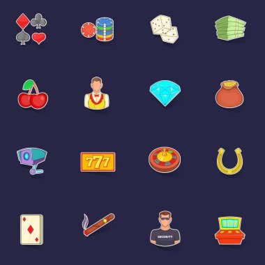 Gazino simgeleri, mor arkaplanda gölgesi olan çıkartma toplama vektörü ayarladı