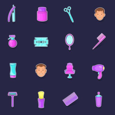 Berber dükkanı simgeleri, mor arkaplanda gölgesi olan çıkartma toplama vektörü ayarladı