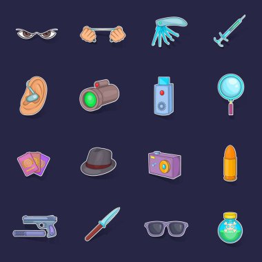 Casus ve güvenlik simgeleri, mor arkaplanda gölgesi olan çıkartma toplama vektörü ayarladı