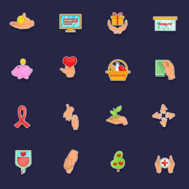 Yardım organizasyonu simgeleri, mor arkaplanda gölgesi olan çıkartma toplama vektörü belirledi