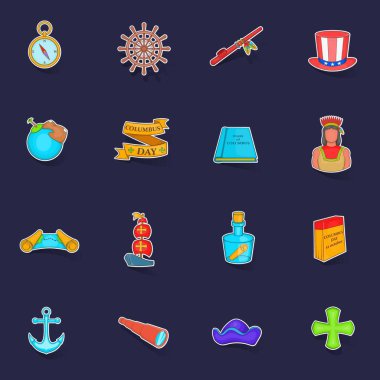 Columbus Günü simgeleri, mor arkaplanda gölgeli çıkartma toplama vektörünü ayarladı