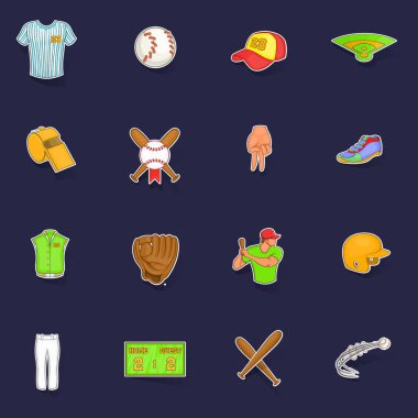 Beyzbol simgeleri, mor arkaplanda gölgesi olan çıkartma toplama vektörü belirledi