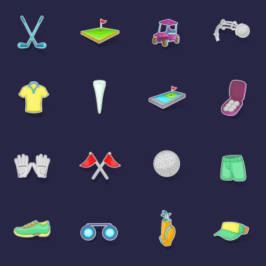 Golf simgeleri, mor arkaplanda gölgesi olan çıkartma toplama vektörü belirledi