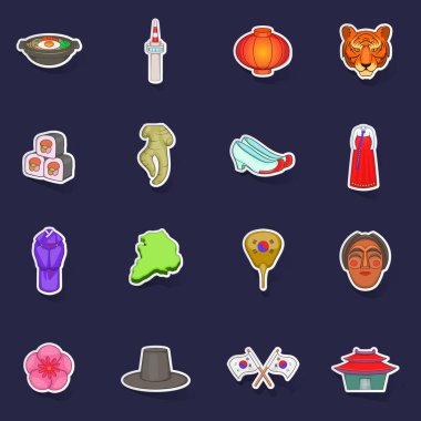 Güney Kore simgeleri mor arkaplanda gölge içeren çıkartma toplama vektörü belirledi