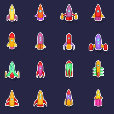 Roket simgeleri, mor arkaplanda gölgesi olan çıkartma toplama vektörü ayarladı