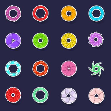 Fotoğraf diyaframı, mor arkaplanda gölgesi olan çıkartma toplama vektörü