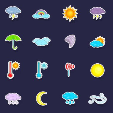 Hava simgeleri, mor arkaplanda gölgesi olan çıkartma toplama vektörünü ayarlar