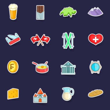 İsviçre seyahat simgeleri mor arkaplanda gölgeli çıkartma toplama vektörü belirledi