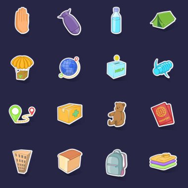 Mülteci simgeleri, mor arkaplanda gölgesi olan çıkartma toplama vektörü belirledi