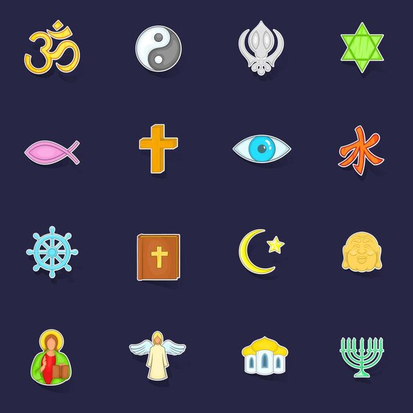 Religion icons set stikers collection vector with shadow on purple background