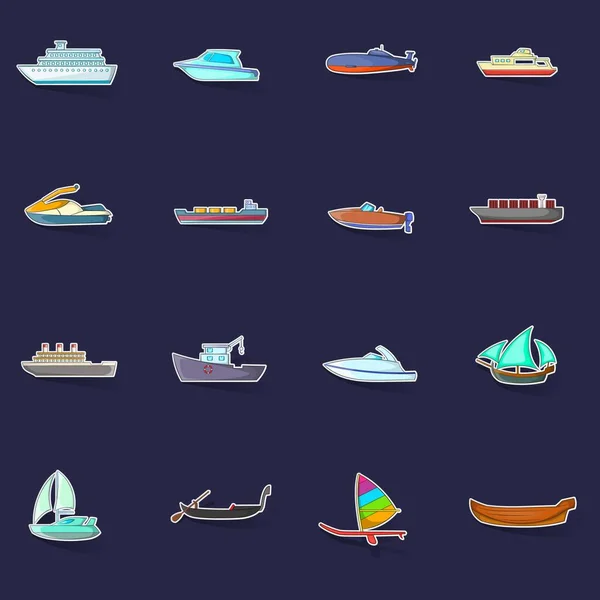 Nave Barca Icone Set Stikers Raccolta Vettoriale Con Ombra Sfondo — Vettoriale Stock