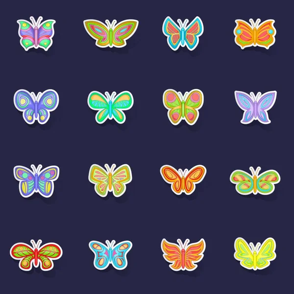 Πεταλούδα Νεράιδα Εικονίδια Που Stikers Διάνυσμα Συλλογή Σκιά Μωβ Φόντο — Διανυσματικό Αρχείο
