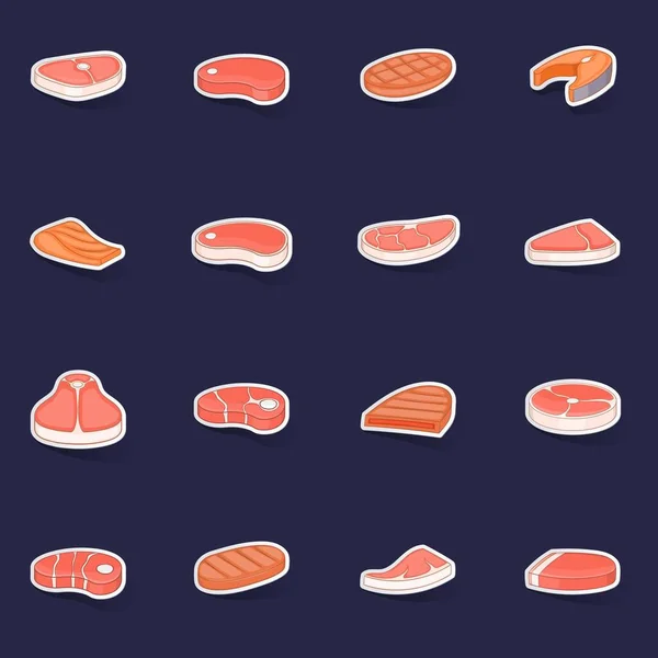 Steak Εικονίδια Που Stikers Διάνυσμα Συλλογή Σκιά Μωβ Φόντο — Διανυσματικό Αρχείο