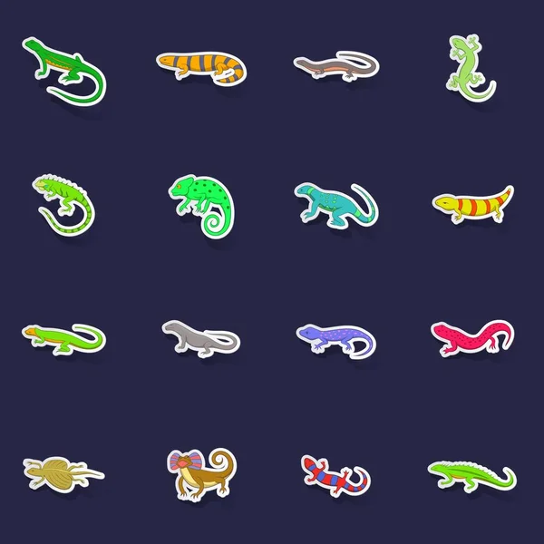 Lizard Icons Set Stikers Collection Vector Shadow Purple Background — Stock Vector