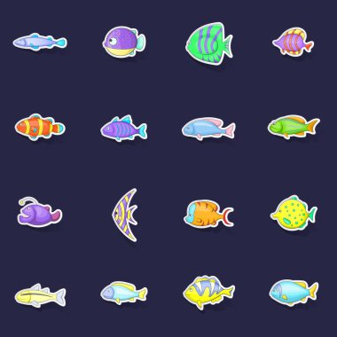 Farklı balık simgeleri mor arkaplanda gölgesi olan çıkartma toplama vektörü