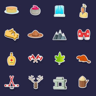 Kanada simgeleri mor arkaplanda gölgeli çıkartma toplama vektörü ayarladı