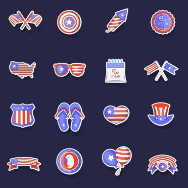 Bağımsızlık günü simgeleri, mor arkaplanda gölgesi olan çıkartma toplama vektörünü ayarlar