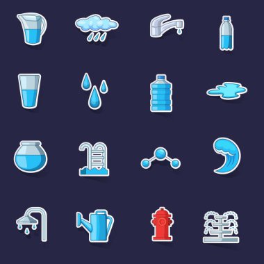 Su simgeleri, mor arkaplanda gölgesi olan yapıştırma toplama vektörü ayarladı