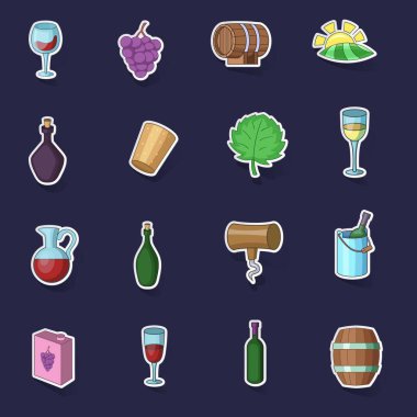 Şarap bahçesi simgeleri, mor arkaplanda gölgesi olan çıkartma toplama vektörünü ayarlar