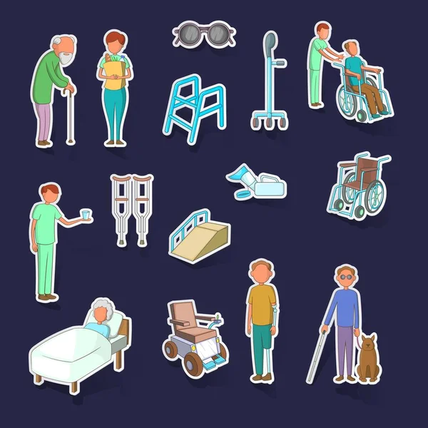 Mensen Met Een Handicap Zorg Pictogrammen Set Stikers Collectie Vector — Stockvector