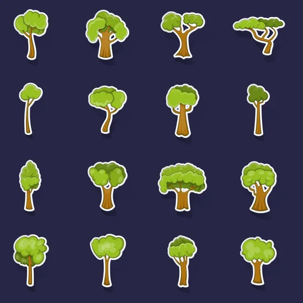 Árvores Verdes Ícones Conjunto Stikers Vetor Coleta Com Sombra Fundo — Vetor de Stock