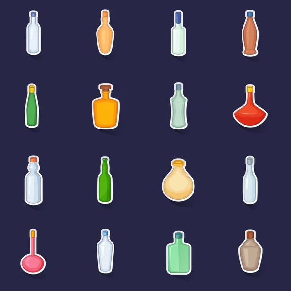 Different Bottles Icons Set Stikers Collection Vector Shadow Purple Background — Stock Vector
