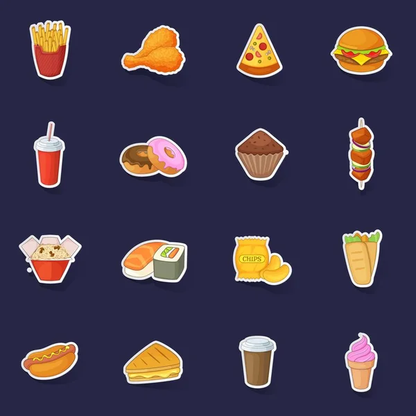 Fast Food Icons Set Stikers Collection Vector Shadow Purple Background — Stock Vector