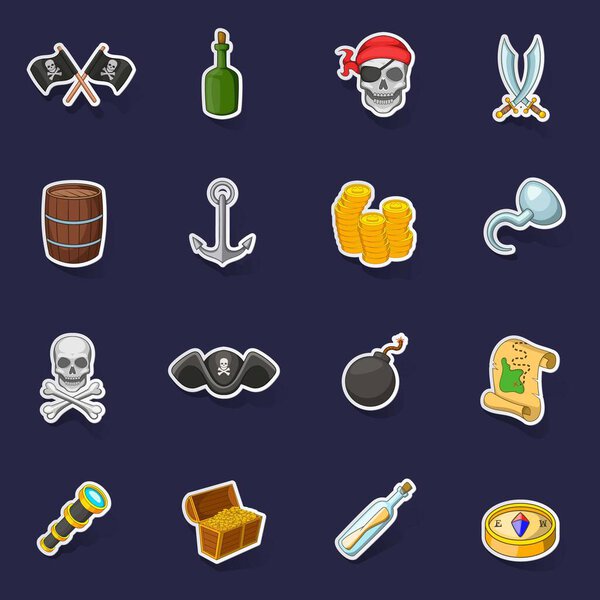 Символы пиратской культуры устанавливают вектор сбора стикеров с тенью на фиолетовом фоне