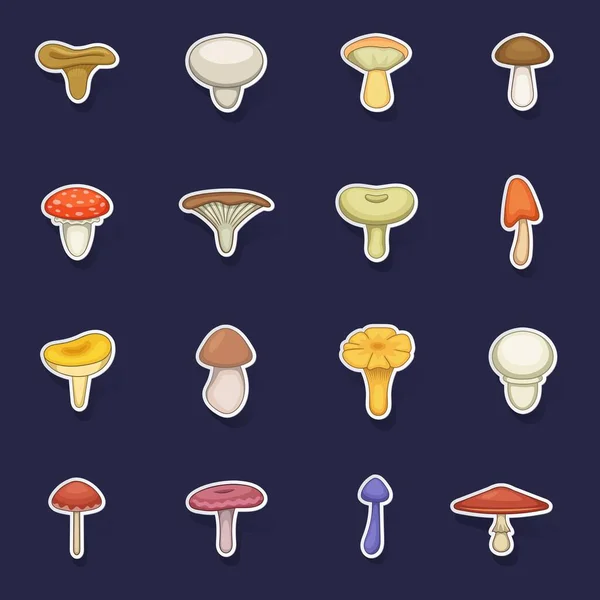 Ícones Cogumelos Conjunto Stikers Vetor Coleta Com Sombra Fundo Roxo — Vetor de Stock