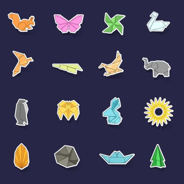 Иконки Оригами Настраивают Вектор Сбора Стикеров Тенью Фиолетовом Фоне — стоковый вектор