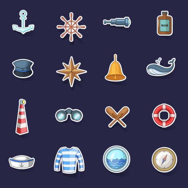 Морские иконки устанавливают вектор сбора стикеров с тенью на фиолетовом фоне