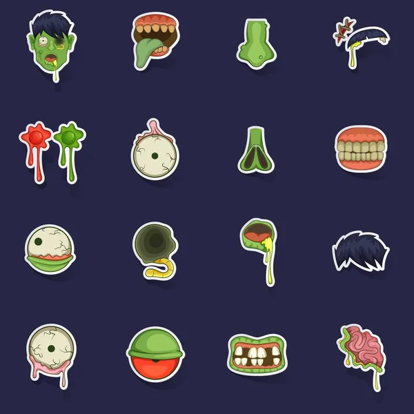 Zombie Parts Icons Set Stikers Collection Vector Shadow Purple Background — Stock Vector