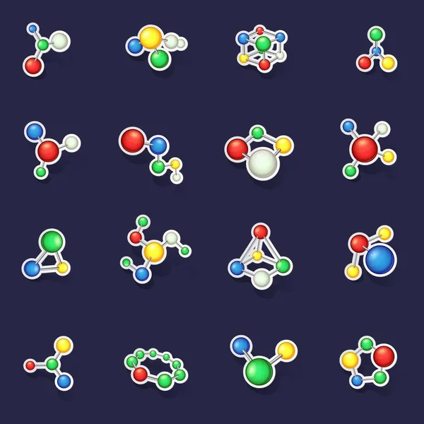 Molecule Icons Set Stikers Collection Vector Shadow Purple Background — Stock Vector