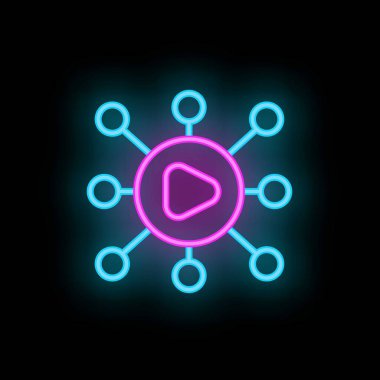 Vr video simgesi ana hatlı vektörü. Seyahat turu. Çevrimiçi iş neon rengi siyah üzerine izole edildi
