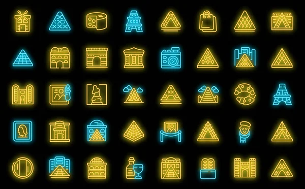 Louvre Icons Set Outline Vector Painting Picture Adult Museum Neon — Stock Vector