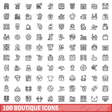 100 tane butik simgesi ayarlandı. Beyaz arkaplanda izole edilmiş 100 butik simge vektörünün taslağı