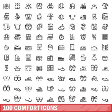 100 teselli ikonu ayarlandı. Beyaz arkaplanda izole edilmiş 100 konfor ikonu vektörünün taslağı