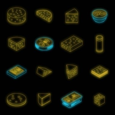 Peynir ikonları hazır. Isometric peynir vektör simgeleri seti siyah üzerine neon renk