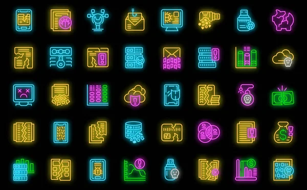 Datenverlust Symbole Setzen Umrissvektor Cloud Zugang Schlüsselangriff Neon Farbe Auf — Stockvektor