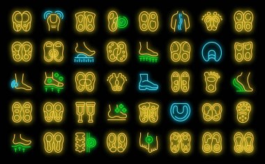 Ortopedik taban simgeleri dış hat vektörünü ayarlar. Gıda yapıştırıcısı. Siyah üzerine neon rengi.