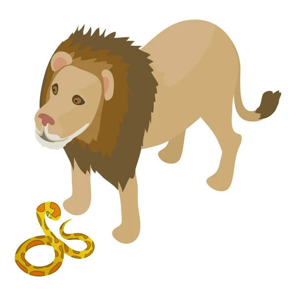 異なる動物のアイコン等角ベクトル 大きなライオンのアイコンの近くのタイガーパイソン 生物多様性の概念 — ストックベクタ