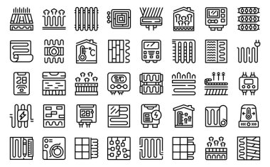 Sıcak zemin simgeleri dış hat vektörünü ayarlar. Sıcaklık katı. Yeraltı fayansları