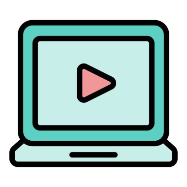 Laptop video pazarlama ikonu. Beyaz arkaplan renginde izole edilmiş web tasarımı için dizüstü bilgisayar video pazarlama vektör simgesi