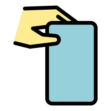 Cep telefonu ikonu ana hat vektörünü elinde tutan kişi. Cep telefonu. Akıllı hücre rengi düz