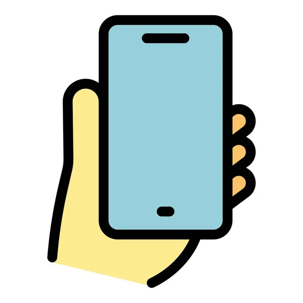 Mano Tenendo Cellulare Icona Contorno Vettoriale Tocca Smartphone Colore Dispositivo — Vettoriale Stock