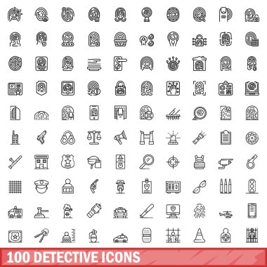100 dedektif ikonu hazır. Beyaz arkaplanda izole edilmiş 100 dedektif simgesi çizimi
